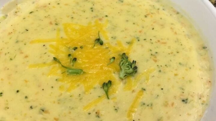 Broccoli cheddar soup in a white bowl