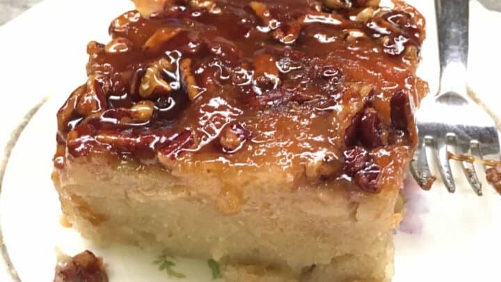 Praline pecan banana cake on a plate