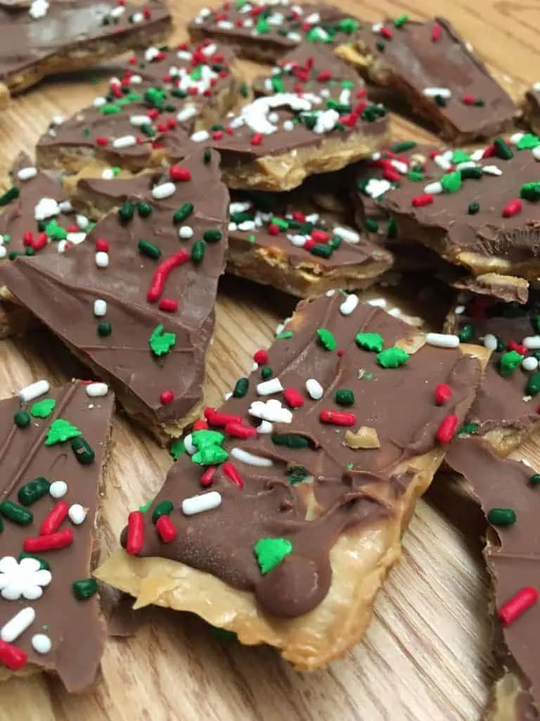 Easy Christmas Crack tastes a lot like Heath bars, with a delicious amount of chocolate on top. You can decorate the top for any holiday, including Christmas, Valentine's day, or any holiday in between.