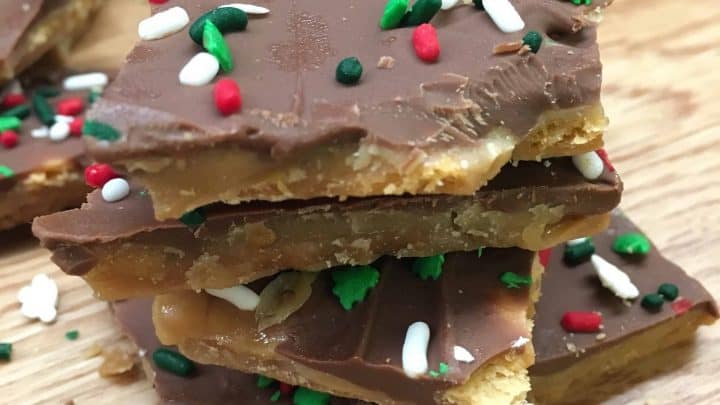 Easy Christmas Crack tastes a lot like Heath bars, with a delicious amount of chocolate on top. You can decorate the top for any holiday, including Christmas, Valentine's day, or any holiday in between.