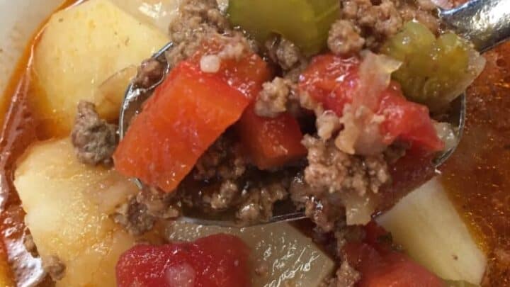 Ground beef and veggies cooked and in a bowl for soup