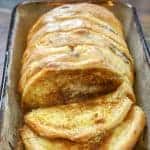 Picture of pumpkin pull apart bread in a glass dish.