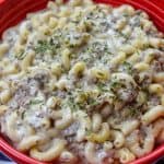 Picture of beef and noodles in a large red bowl