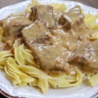 Picture of beef and noodles on a white plate