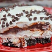 Picture of chocolate lasagna on a plate.