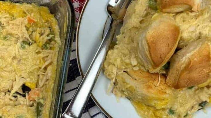 Chicken and biscuits in a casserole dish and on a plate.