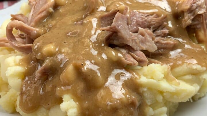 Crock pot pork shoulder on a plate with gravy