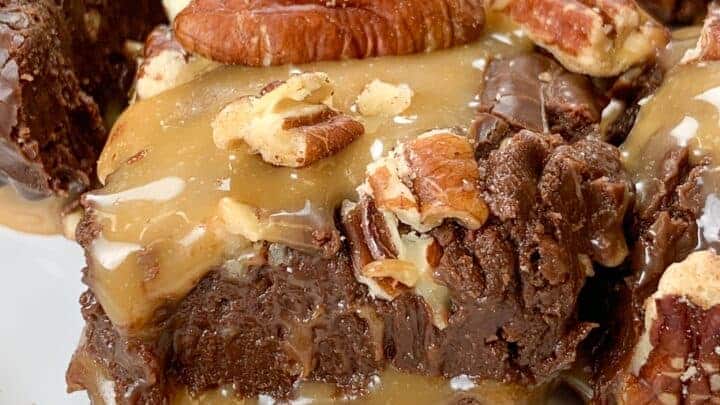 Chocolate turtle fudge on a plate