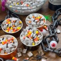 Muddy buddies in a bowl with Halloween deocrations