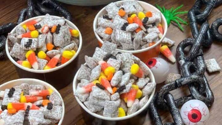 Muddy buddies in a bowl with Halloween deocrations