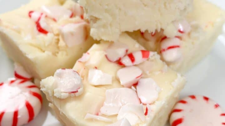 Peppermint fudge on a plate with peppermint candies