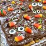 Halloween candy sprinkled on top of chocolate, toffee, and crackers