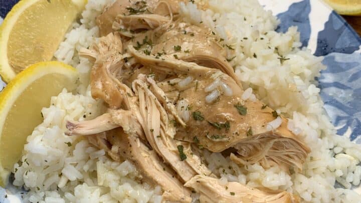 Chicken and rice on a plate.