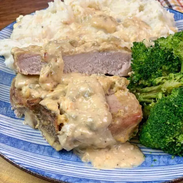 Smothered pork chops on a plate.