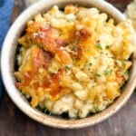 Baked mac and cheese in a bowl.
