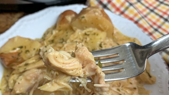 Creamy ranch chicken and potatoes on a fork