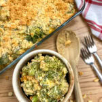 Broccoli and cheese casserole in a bowl.