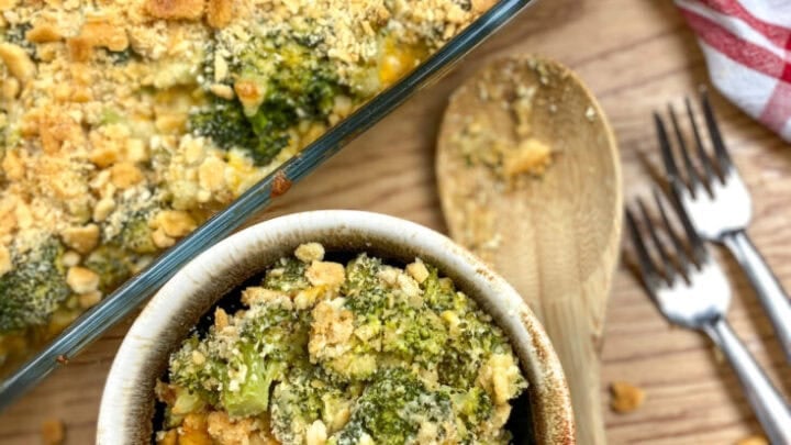 Broccoli and cheese casserole in a bowl.