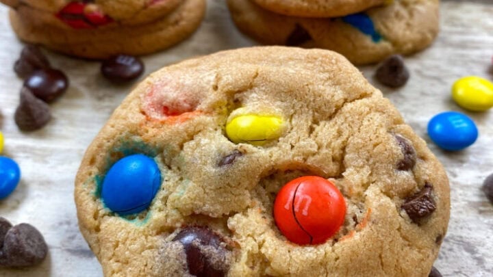 Chocolate chip M&M Cookies on a counter