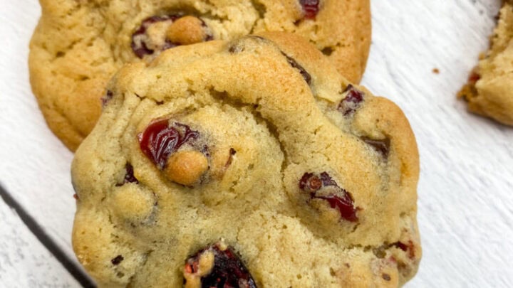 Chocolate chip cranberry cookies on the counter.