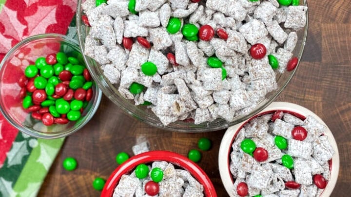 Christmas puppy chow in bowls on the counter.