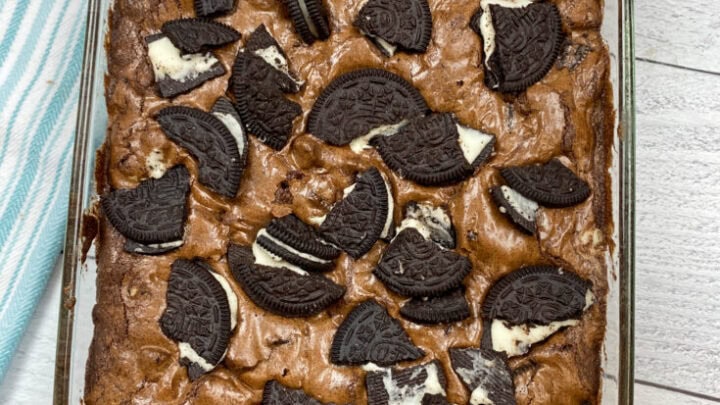 Oreo Brownies in a baking dish.