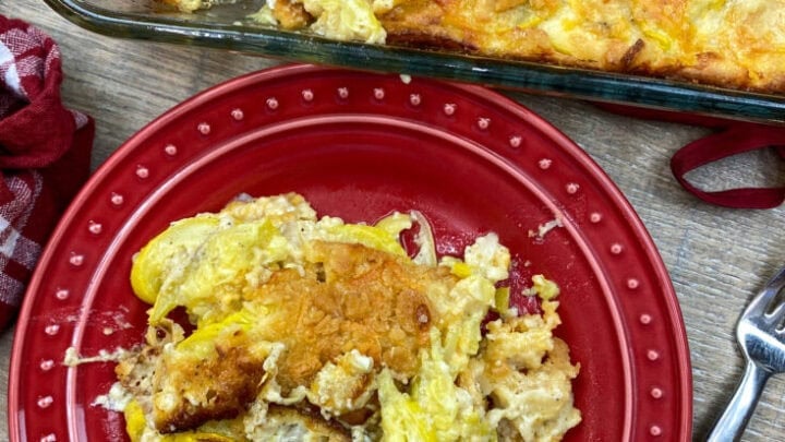 Squash casserole on a red plate.