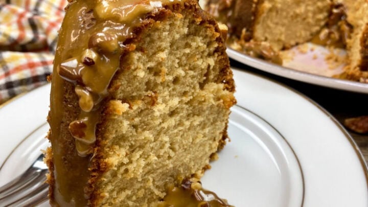 Brown sugar pound cake on a white plate.