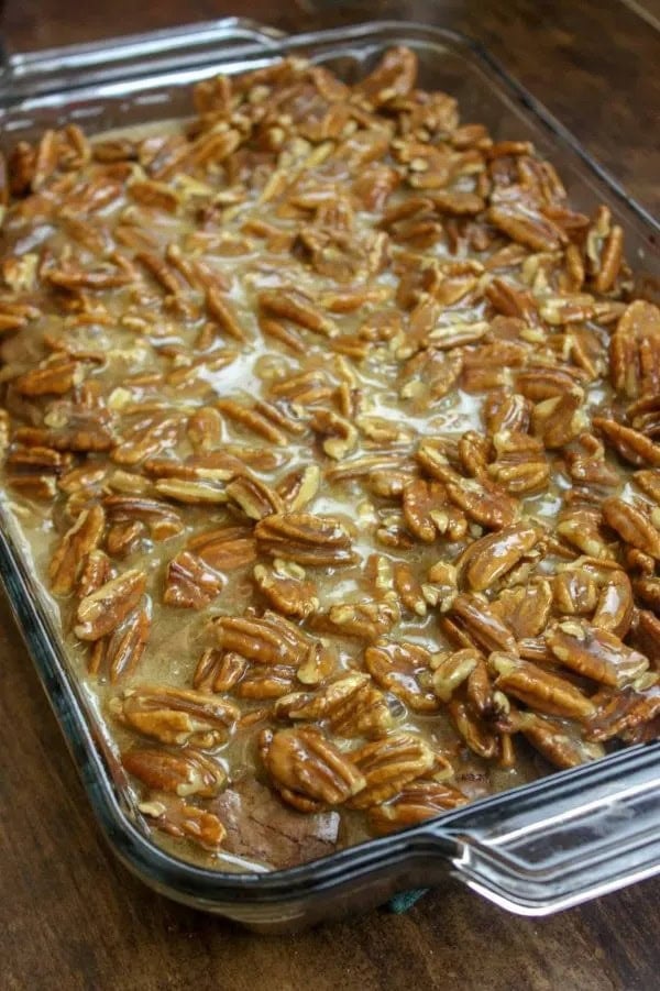 Picture of pecans spread out in a dish.