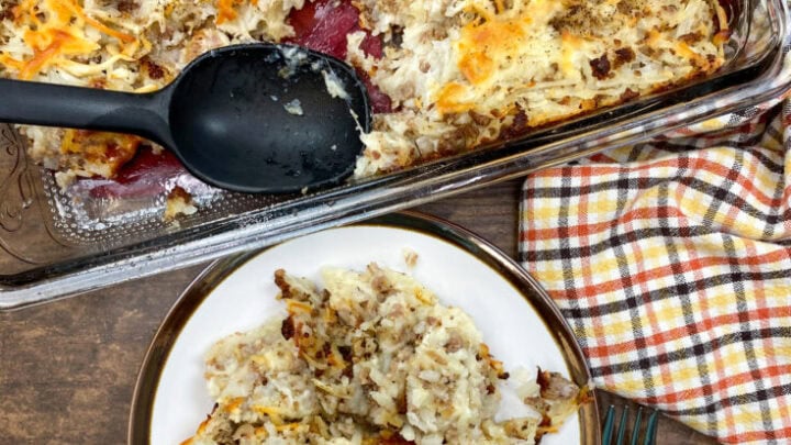 Sausage and hashbrown potato bake on a plate.