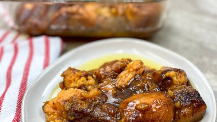 Candied yams on a white plate.