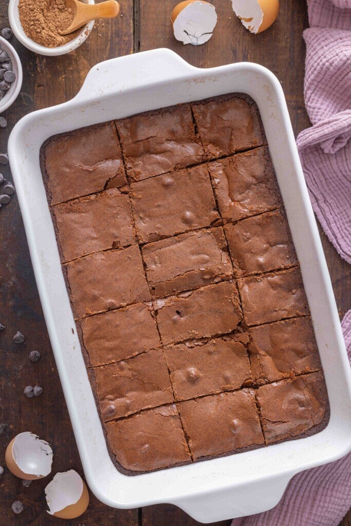 Baked brownies in a pan.