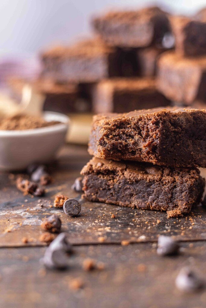 Brownies stacked on top of each other.