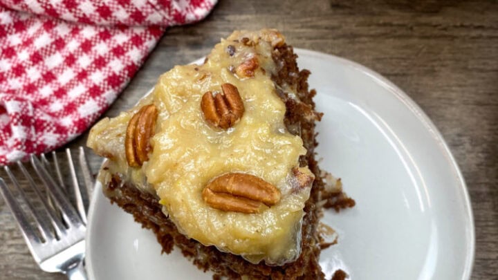 A slice of chocolate cake with pecans on top.