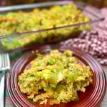 Jiffy cornbread dressing on a red plate.