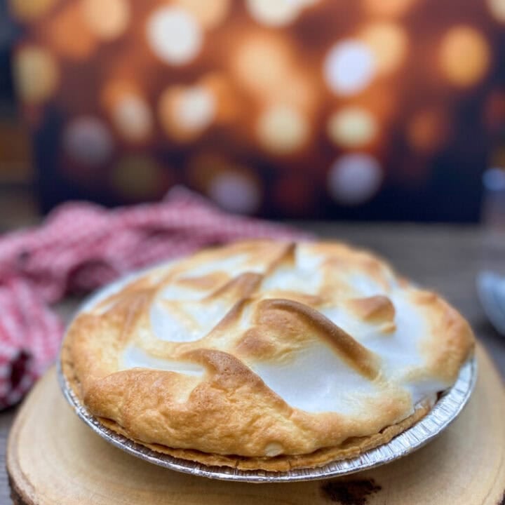 Butterscotch pie on a counter.
