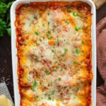 Lasagna in a casserole dish.