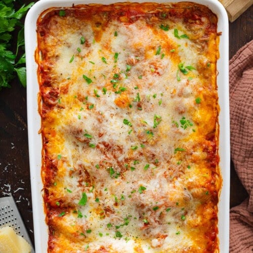 Lasagna in a casserole dish.