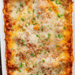 Lasagna in a baking dish.