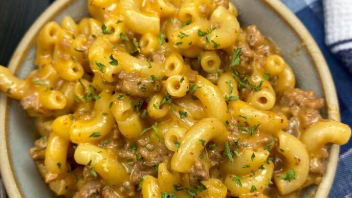 Hamburger helper in a small bowl.