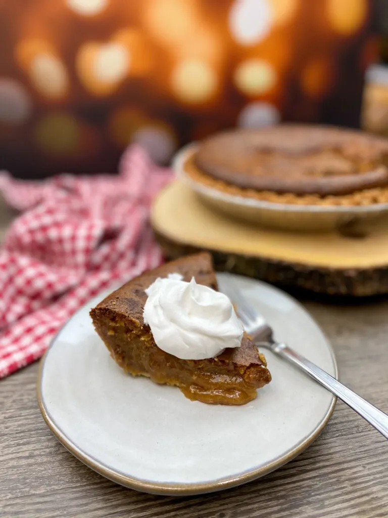 Pie on a plate with whipped topping.
