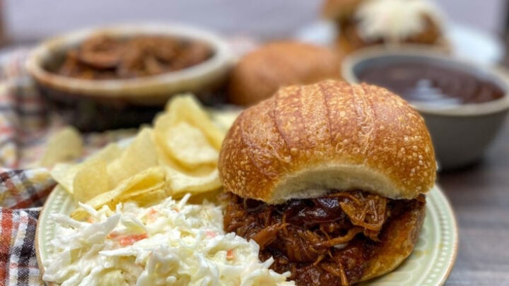 An easy pulled pork recipe on a plate.