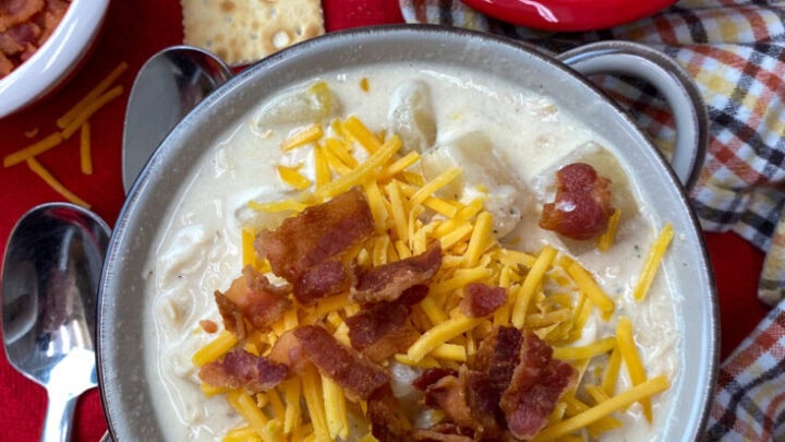 Creamy chicken and potato soup in a bowl.
