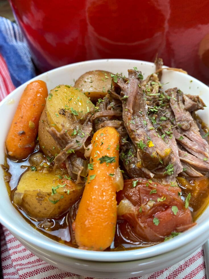 Pot roast in a white bowl