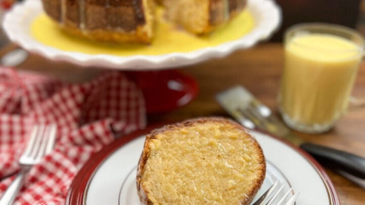 Eggnog poundcake on a white plate.