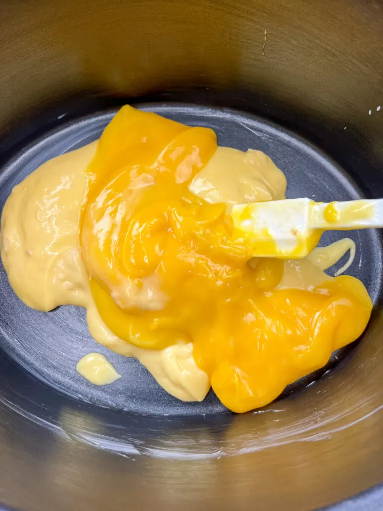 cream of chicken and cheese soup in a black slow cooker