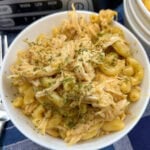 Shredded chicken and macaroni noodles in a white bowl.