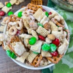 Christmas Chex Mix in a small white bowl