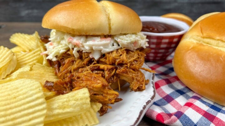 Barbecue shredded chicken in a bun on a plate with some potato chips.
