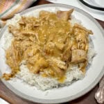 Shredded pork on a plate with gravy on top and sitting on top of white rice.